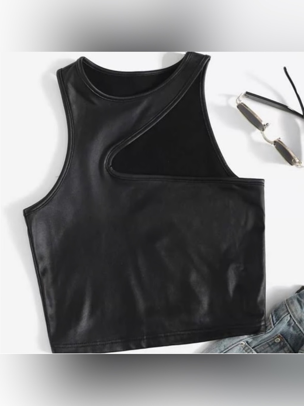 SHEIN Black Faux Leather Asymmetric Cutout Crop Tank Plus Size 3XL NWT